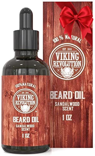 Viking Revolution Sandalwood Beard Oil for Men - Natural Mens Beard Oil with Argan Oil and Jojoba Oil - Beard Softener, Strengthens and Moisturizes -(Sandalwood, 1 Pack)